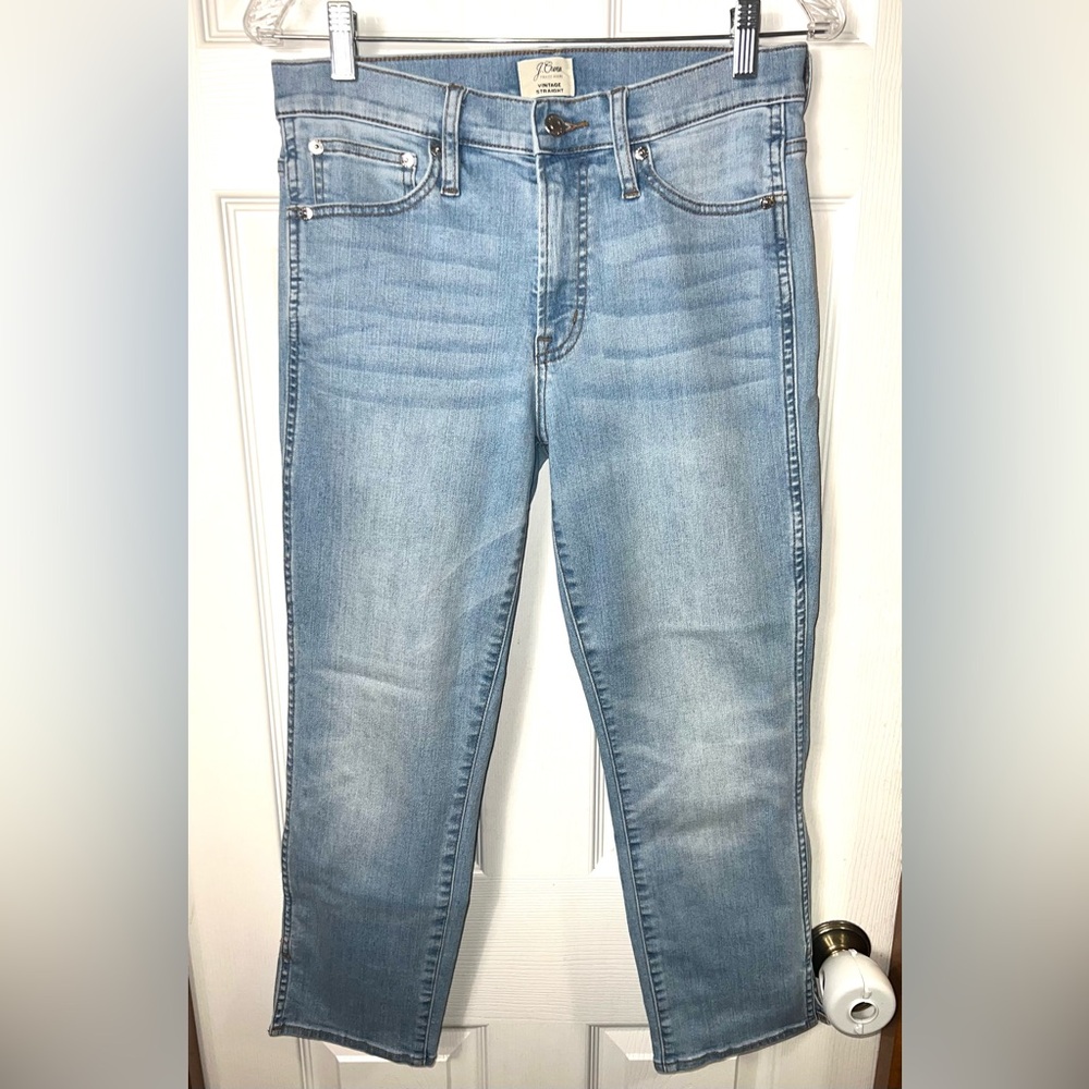 J. Crew Vintage Straight Leg Jeans Light Wash Blue Ankle Slits Mid Rise Size 28